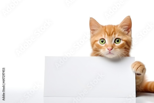 Cat holding a blank poster, isolated on white background. Generative AI