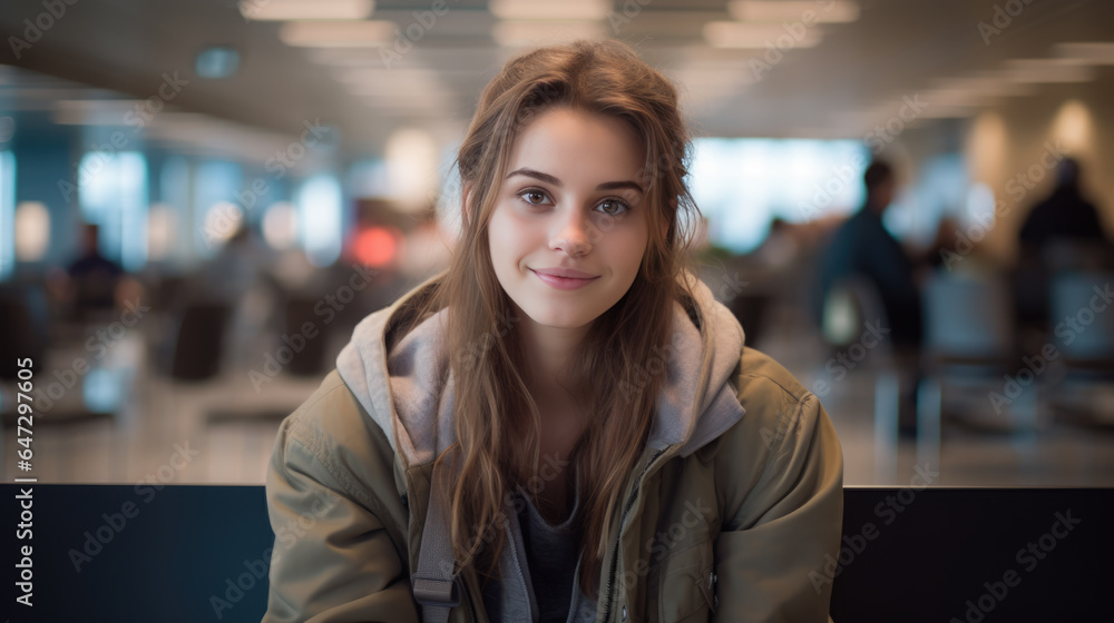 Portrait of a young woman sitting in the airport Portrait of a young woman sitting in the airport