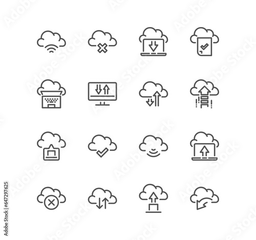 Set of data exchange related icons, sync, backup, cloud, data transfer, network and linear variety vectors.
