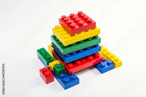 Top view of colorful stackable toy bricks on a white background. Childhood education construction concept. Generative AI