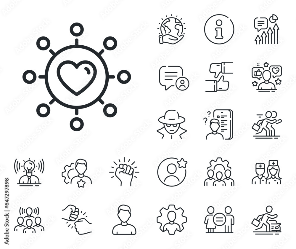 Relationships network sign. Specialist, doctor and job competition outline icons. Love dating line icon. Valentines day or Heart symbol. Dating network line sign. Vector