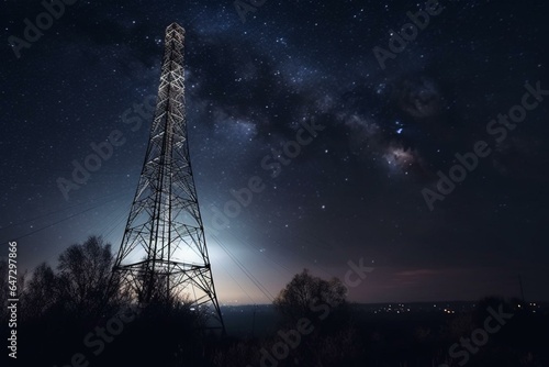 Nighttime electric tower with illuminated wires against a starry sky. Power energy concept. Generative AI