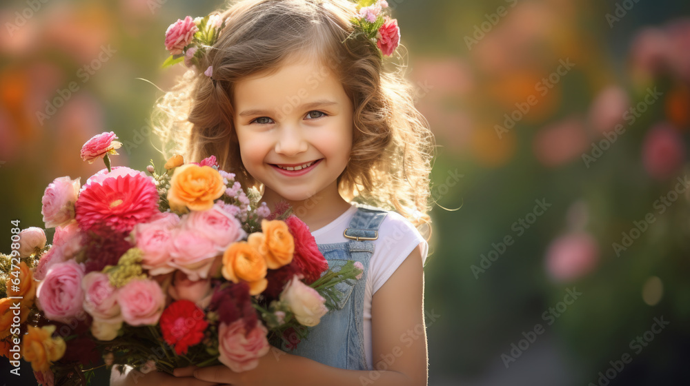 Little girl holds a bouquet of flowers in her hands Little girl holds a bouquet of flowers in her hands