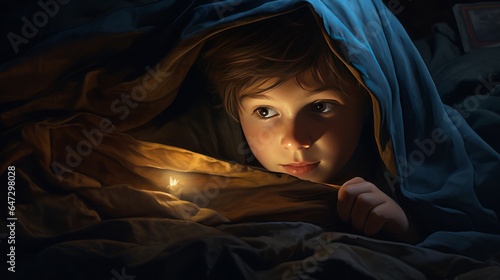 Child with flashlight secretly reading under the cover, 16:9, copy space