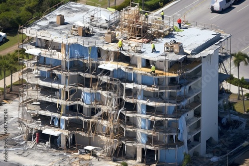 Aerial view of hurricane-damaged construction scaffolding on high-rise apartment building site in Port Charlotte, USA. Generative AI photo