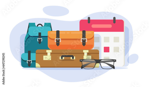 Travel tour vacation calendar time concept vector icon graphic illustration, trip journey suitcase handbag baggage as scheduled tourism event season image clipart