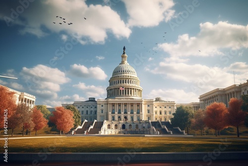 Spacious perspective of Washington DC's Capitol, bathed in morning sunlight. Generative AI