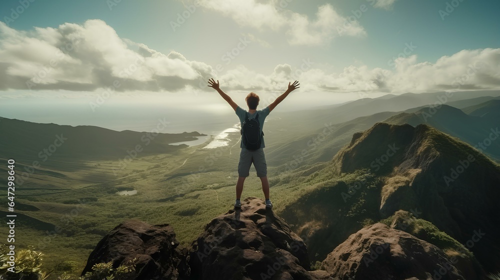 Happy man with arms up on the top of the mountain, male hiker celebrating successful climb on the cliff. generative AI