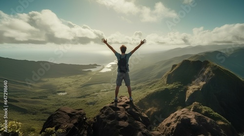 Happy man with arms up on the top of the mountain, male hiker celebrating successful climb on the cliff. generative AI © yj