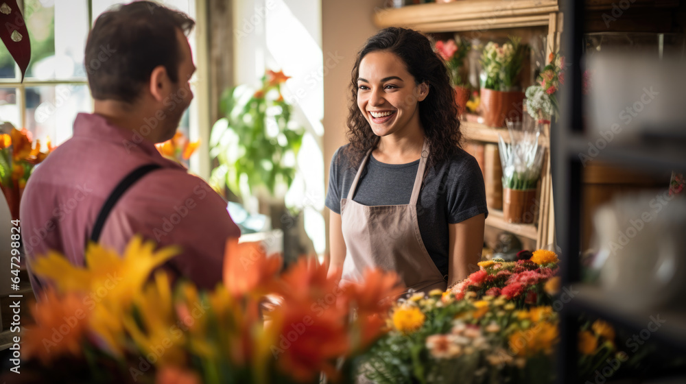 Owner of a flower shop talks to a customer to help him choose a bouquet of flowers