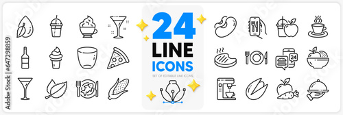Icons set of Apple carrot, Restaurant app and Water drop line icons pack for app with Juice, Pistachio nut, Ice cream thin outline icon. Pizza, Mint leaves, Food app pictogram. Vector © blankstock