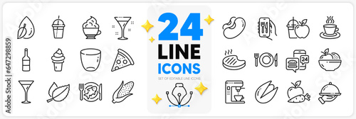 Icons set of Apple carrot, Restaurant app and Water drop line icons pack for app with Juice, Pistachio nut, Ice cream thin outline icon. Pizza, Mint leaves, Food app pictogram. Vector
