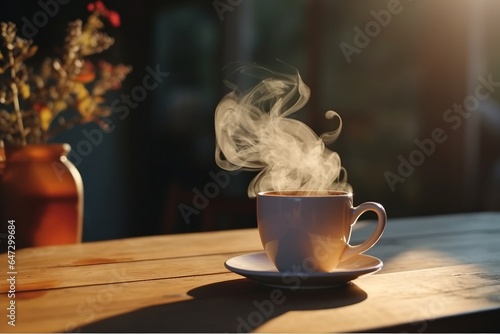 coffee on a wooden table , morning routine. Tiny house. First property. Small apartment interior design. Minimalism. Moving in. Living alone. Charming trailer house with the morning sun. generative ai
