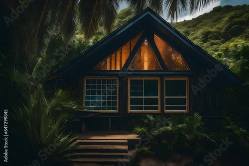 A closeup of a contemporary cabin, with a bruised soleil window providing a glimpse of a lush tropical beach - AI Generative