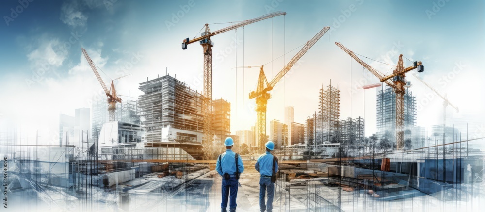 engineering construction infrastructure ideas concept silhouette of business people standing teamwork together multi exposure with industrial building construction in blue and gray color tone - obrazy, fototapety, plakaty 