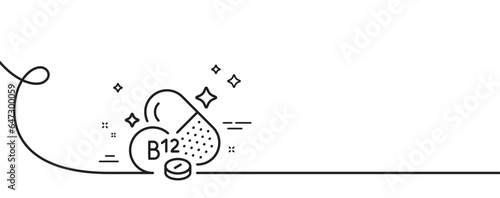 Vitamin B12 line icon. Continuous one line with curl. Cobalamin food nutrient sign. Capsule or pill supplement symbol. Cobalamin vitamin single outline ribbon. Loop curve pattern. Vector