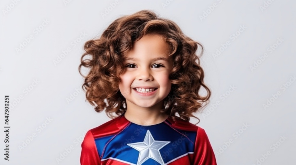 Portrait of smiling girl wearing superhero costume against white background. - obrazy, fototapety, plakaty 