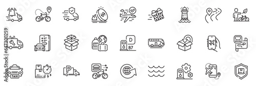 Icons pack as Transport insurance, Bus tour and Flight mode line icons for app include Flight destination, Metro map, Car registration outline thin icon web set. Packing boxes. Vector