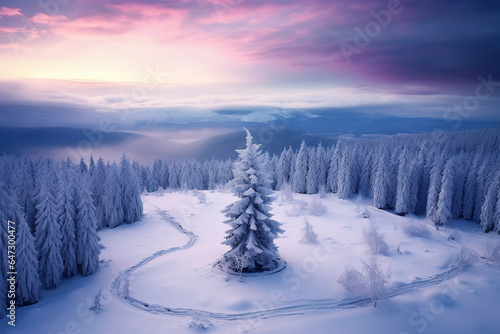 giant tree among winter forest landscape, generative ai  © vvalentine