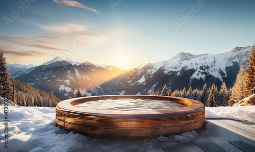 hot tub on snow covered mountain, generative ai 