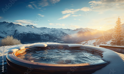 hot tub on snow covered mountain, generative ai 