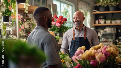 Owner of a flower shop talks to a customer to help him choose a bouquet of flowers © MP Studio