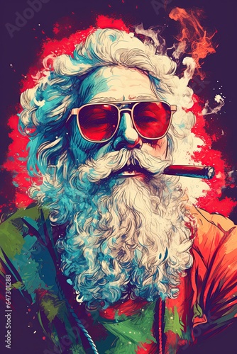 Santa Claus hippie smoking a joint. Marijuana and Cannabis concept. Poster design. Generative Ai