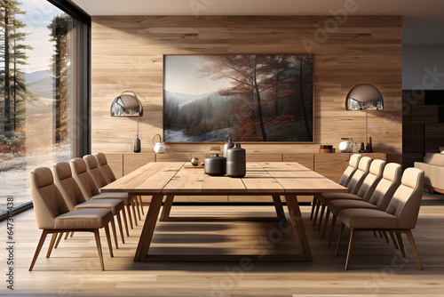 modern dining room decorated with big windows decorated with nordic wood © QuantumVisions