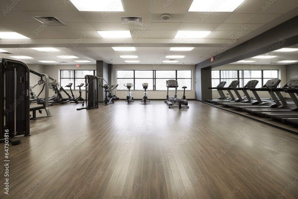 Clean, uncluttered gym with ample lighting for a healthy workout session. Generative AI