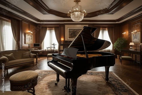 A spacious room showcasing an elegant grand piano. Generative AI