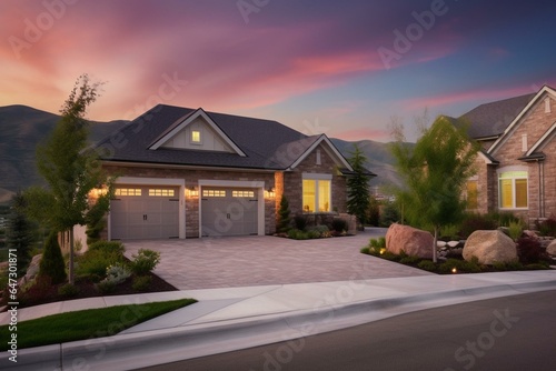 Fototapeta House garage with driveway and sidewalk at daybreak in Utah