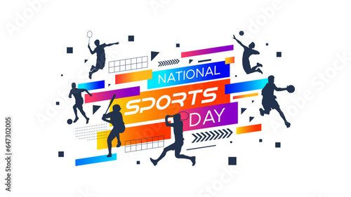 sports background, national sports day celebration concept, with abstract geometric ornament and illustration of sports athlete football player, badminton, basketball, baseball, tennis, volleyball