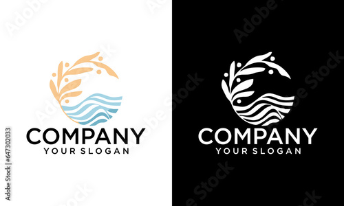 Sun logo with sea wave vector design