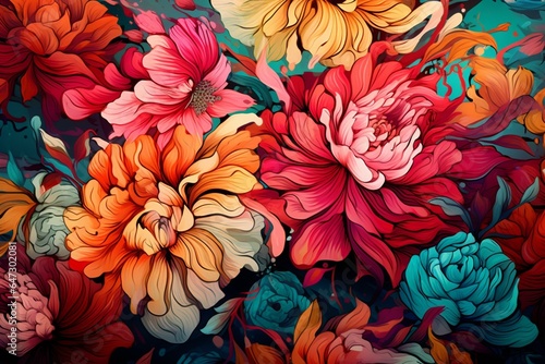 Flowers on colorful floral wallpaper. Digital art. Generative AI