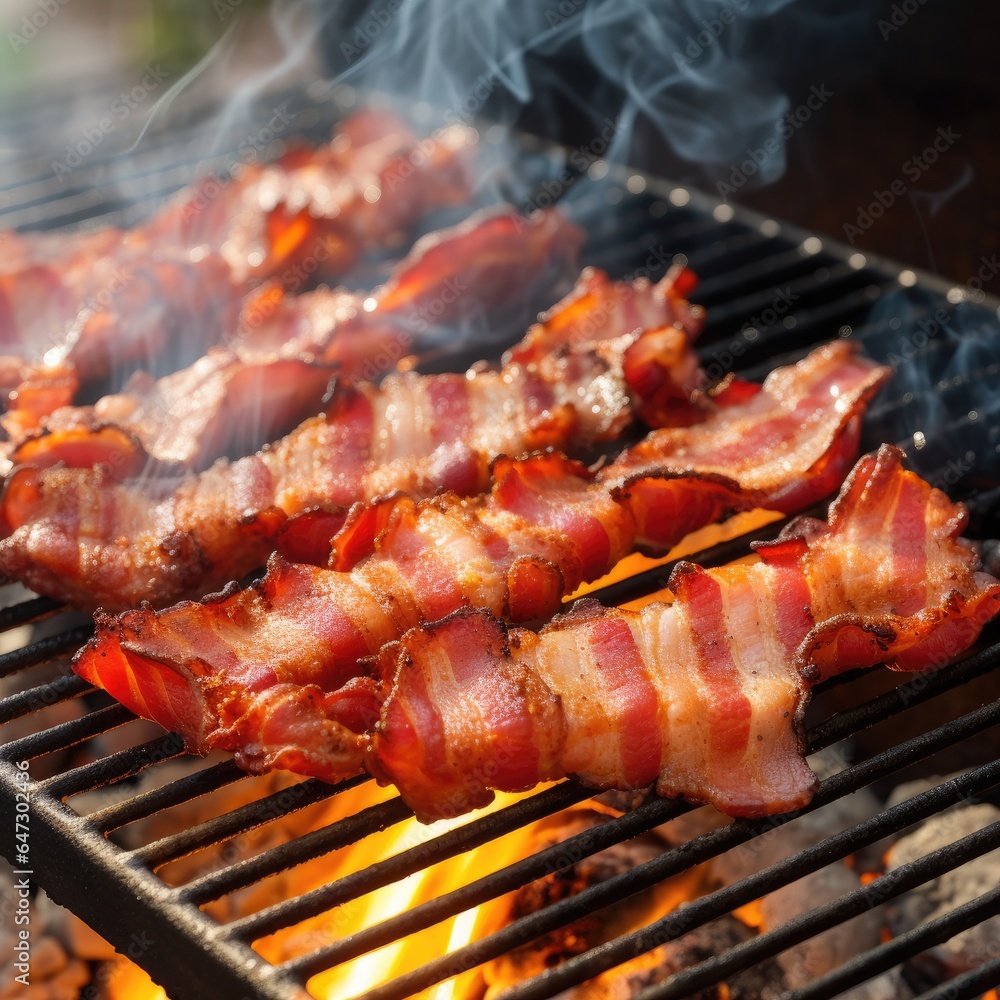 Crispy juicy grilled bacon. Barbeque. Generative AI.