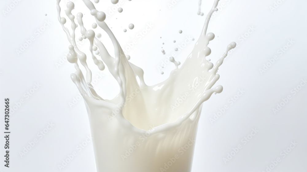 Milk splash out of glass isolated white background. AI generated