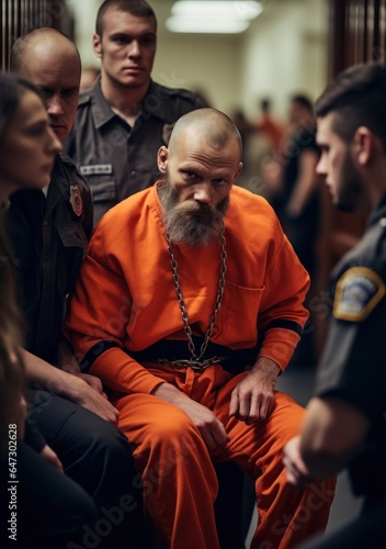 A prisoner in chains and orange jumpsuit surrounded by police officers.