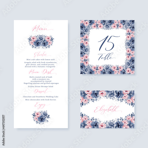 Watercolor floral wedding menu, table and escort cards with navy blue and pink flowers illustration.