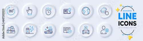 User idea, Car charging and Approved documentation line icons for web app. Pack of Cursor, World planet, Smile pictogram icons. Charging station, Fast delivery, Wholesale goods signs. Vector