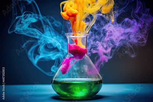 Vibrant laboratory beaker filled with colorful liquids, surrounded by abstract swirling smoke, creating a visually stunning and intriguing scientific display. Generative AI