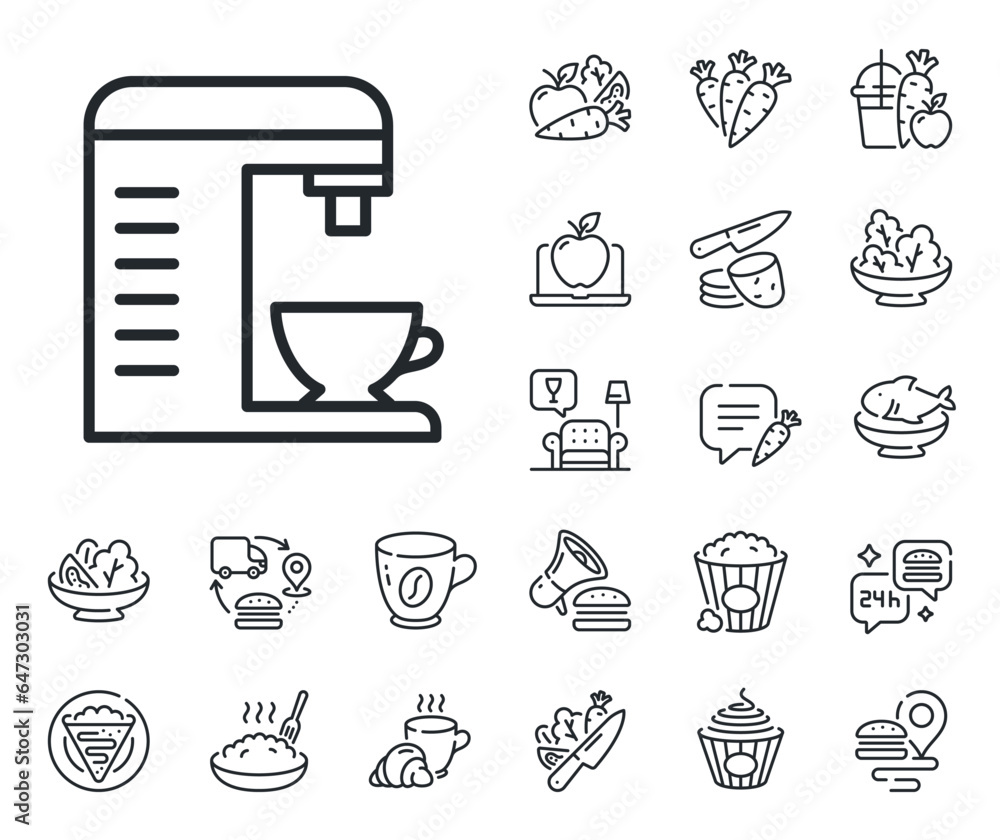 Hot drink sign. Crepe, sweet popcorn and salad outline icons. Coffee machine line icon. Fresh beverage symbol. Coffee machine line sign. Pasta spaghetti, fresh juice icon. Supply chain. Vector Hot drink sign. Crepe, sweet popcorn and salad outline icons. Coffee machine line icon. Fresh beverage symbol. Coffee machine line sign. Pasta spaghetti, fresh juice icon. Supply chain. Vector