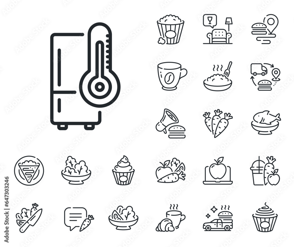 Fridge sign. Crepe, sweet popcorn and salad outline icons. Single chamber refrigerator line icon. Freezer storage symbol. Refrigerator line sign. Pasta spaghetti, fresh juice icon. Vector Fridge sign. Crepe, sweet popcorn and salad outline icons. Single chamber refrigerator line icon. Freezer storage symbol. Refrigerator line sign. Pasta spaghetti, fresh juice icon. Vector