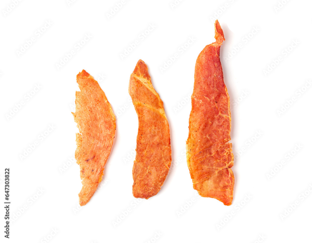 Meat Jerky Isolated, Dry Salted Chicken Slices, Small Pieces of Dehydrated Beef, Beer Snacks, Dried Pork Meat Jerky Isolated, Dry Salted Chicken Slices, Small Pieces of Dehydrated Beef, Beer Snacks, Dried Pork