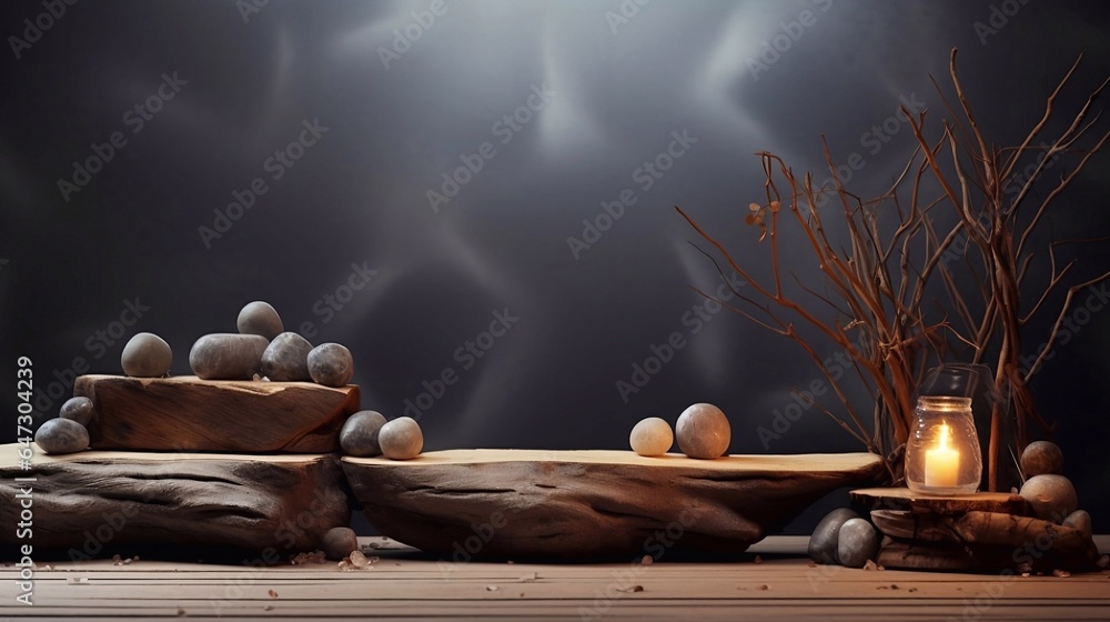 Wooden podium stand 3D rendering. Minimal scene for cosmetics products showcase with rock placed, dry twig and green leaves on blurred background. Blank space to place your design