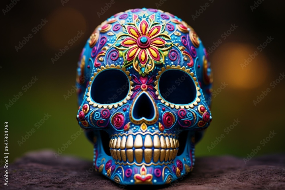 Colorful, ornate skull adorned for Day of the Dead. Generative AI