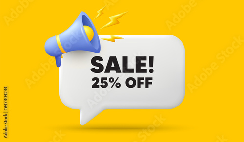 Sale 25 percent off discount. 3d speech bubble banner with megaphone. Promotion price offer sign. Retail badge symbol. Sale chat speech message. 3d offer talk box. Vector