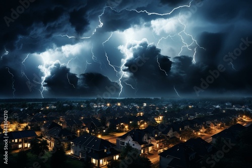 Thunderstorm above urban houses during nighttime. Generative AI