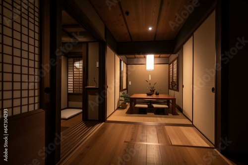 Interior design in Japanese style with modern living and eating areas  wood floor  tatami mats  traditional door. Generative AI