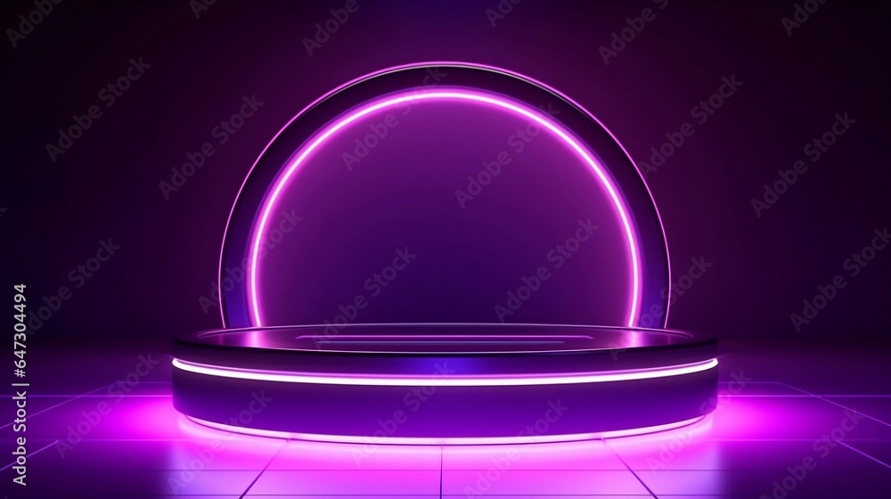 Abstract shiny blue purple cylinder pedestal podium. Sci-fi abstract room concept with circle glowing neon lighting. Product display presentation rendering 3d shape. Futuristic wall scene. Abstract shiny blue purple cylinder pedestal podium. Sci-fi abstract room concept with circle glowing neon lighting. Product display presentation rendering 3d shape. Futuristic wall scene.