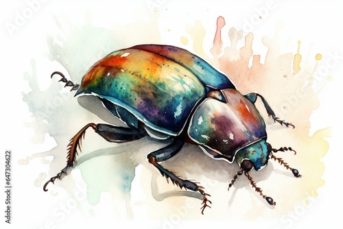 Colorful, isolated watercolor beetle on white background with abstract metal painting technique. Generative AI © Endellion